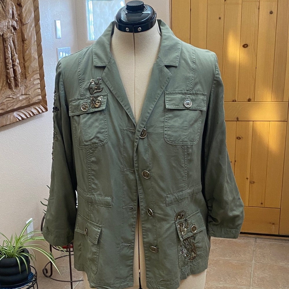 Chico's Olive Military Jacket with Beaded Embroidery